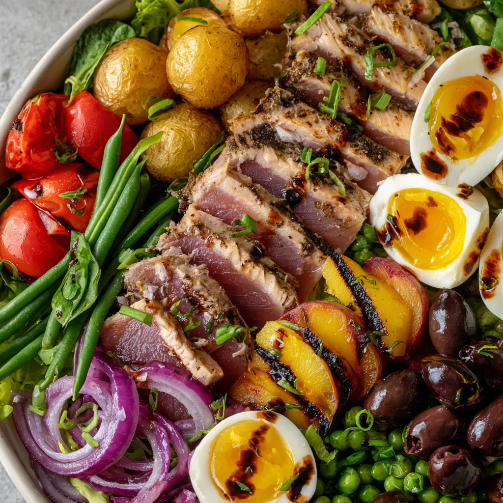 Une assiette de salade composée de légumes et de viandes grillées.