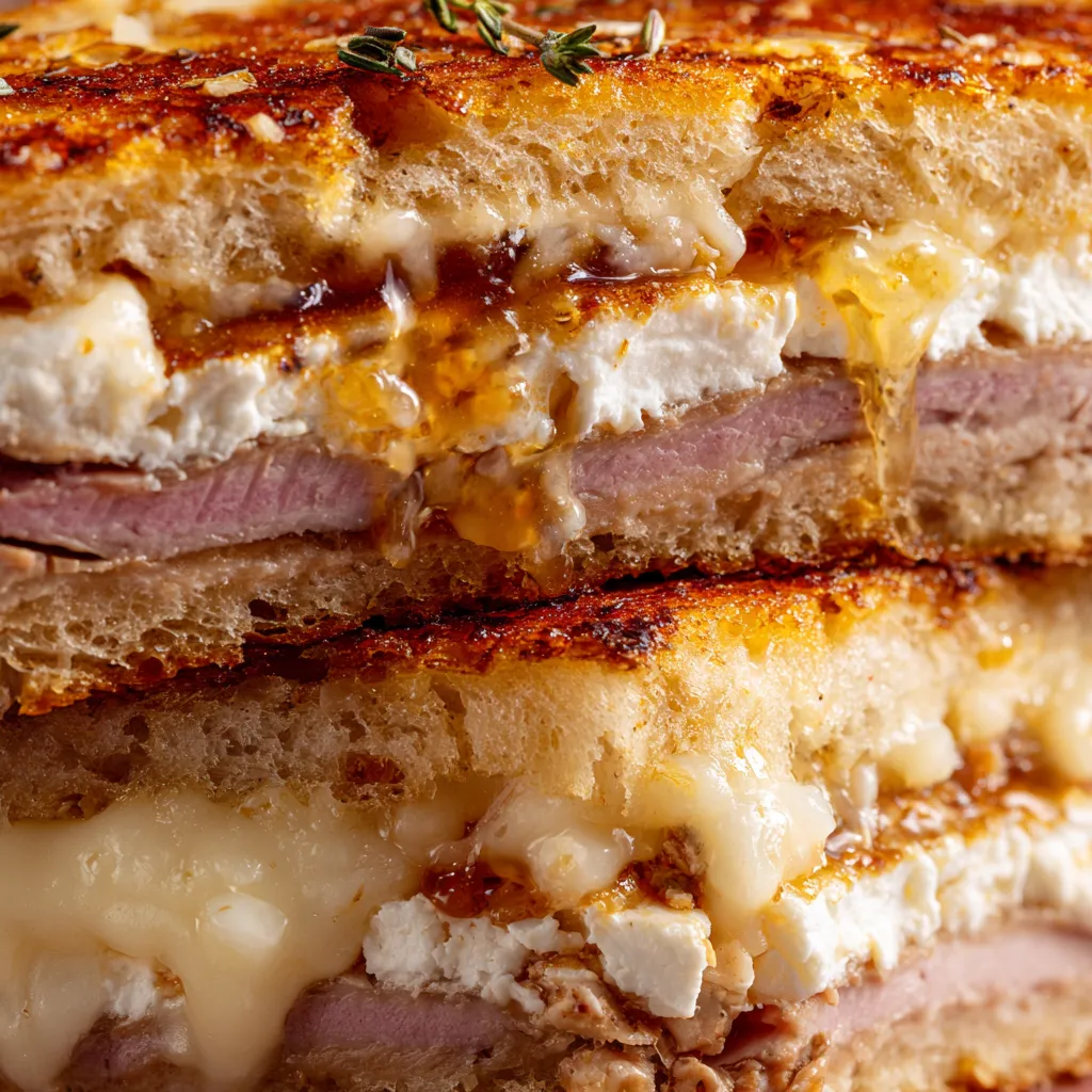 Une image de sandwichs croque monsieur avec duck breast et fromage de chèvre frais.