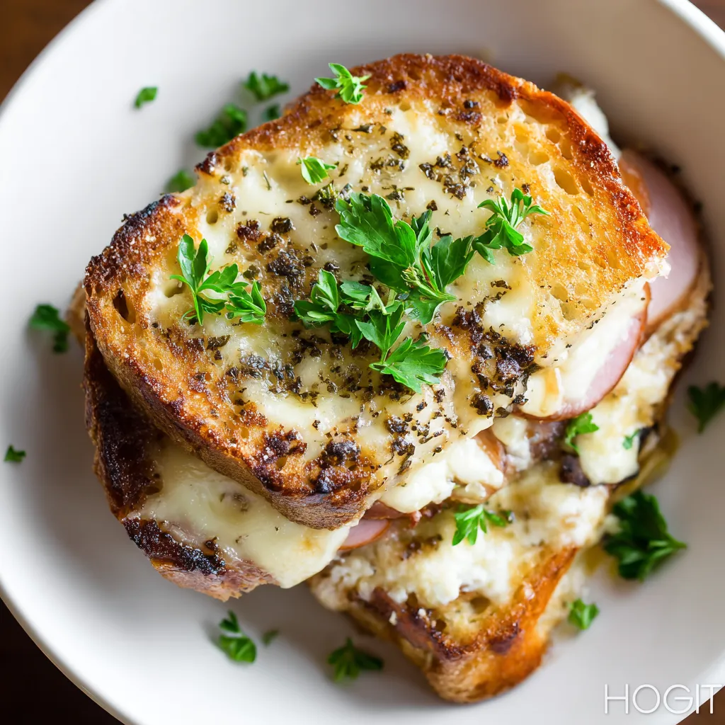 Une tranche de pain grillé avec du fromage et des herbes sur le dessus.