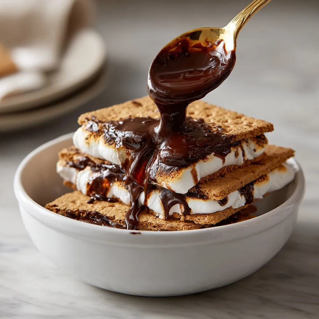 A bowl of s'mores with chocolate drizzled on top.