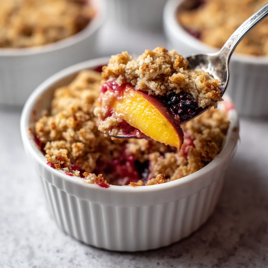 A spoon is in a bowl of crumble with peaches and berries.