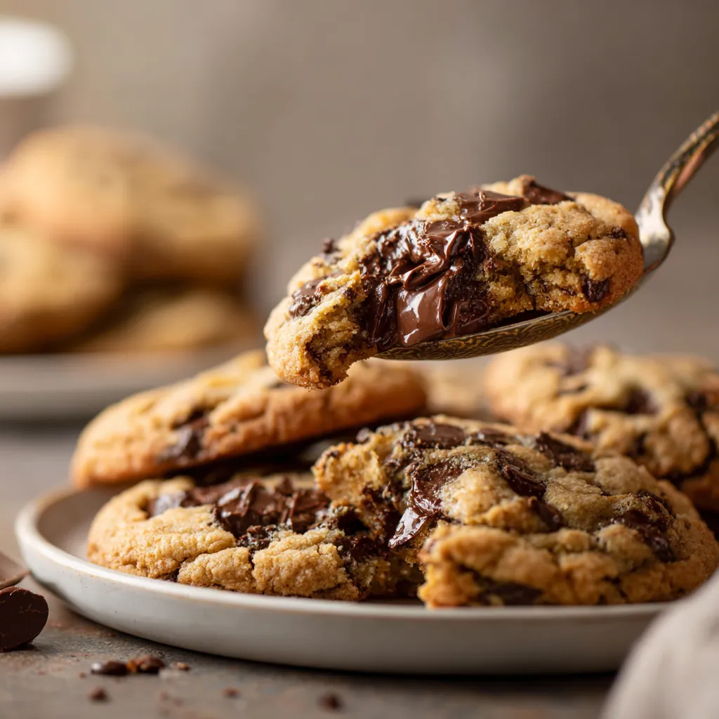 A spoon is scooping up a cookie with chocolate drizzle.