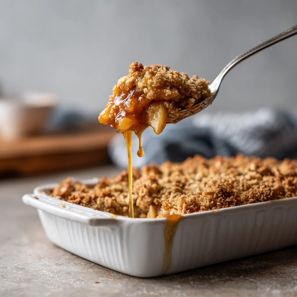 A spoon is in a bowl of crumble.