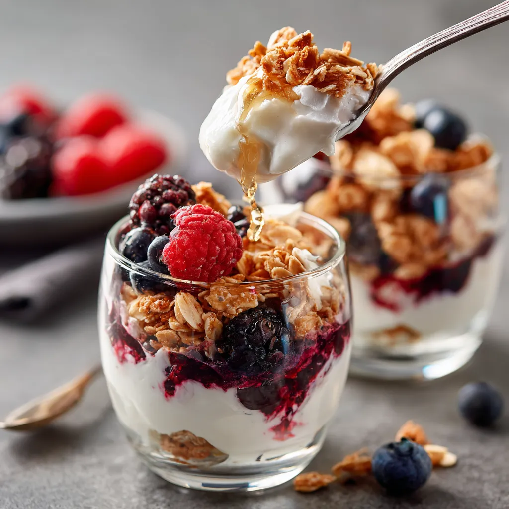 A bowl of yogurt with berries and granola.