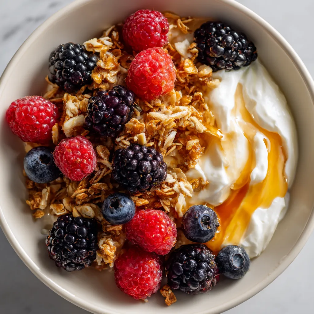 A bowl of yogurt with berries and granola.