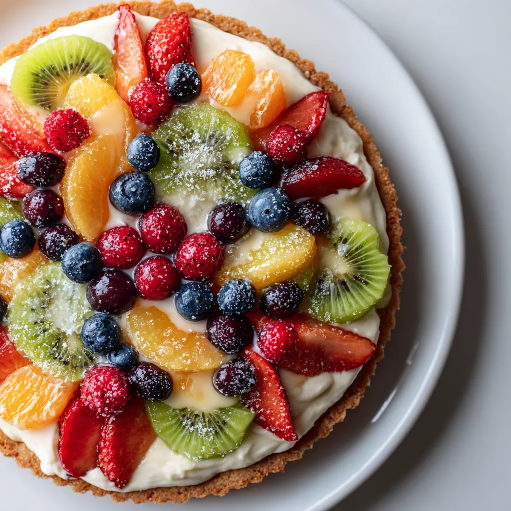 A slice of fruit pie with blueberries, strawberries, kiwi, and oranges.
