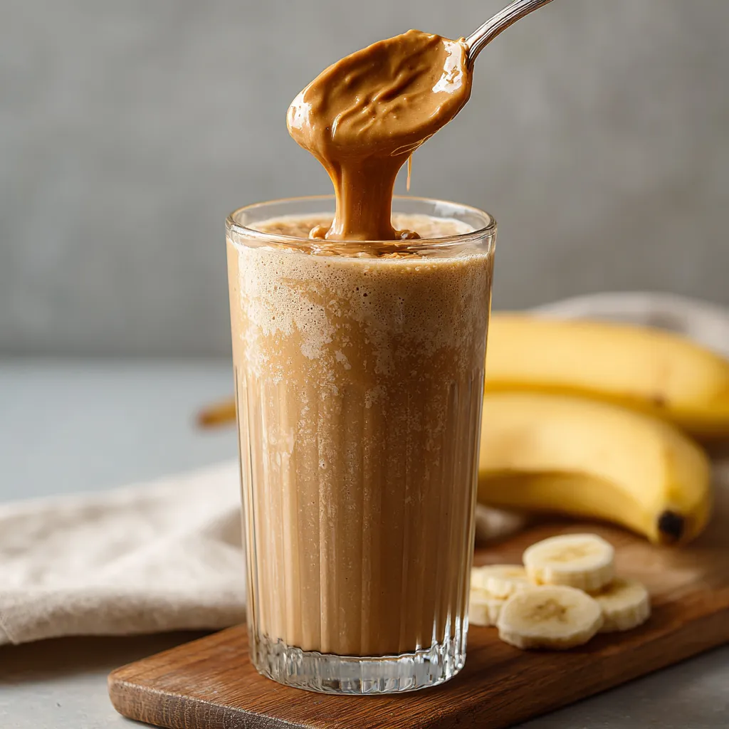 A glass of smoothie with bananas and peanut butter.