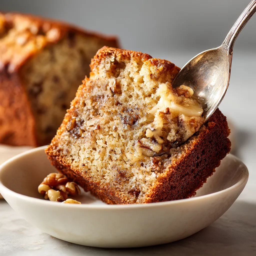 A slice of cake with bananas and nuts.