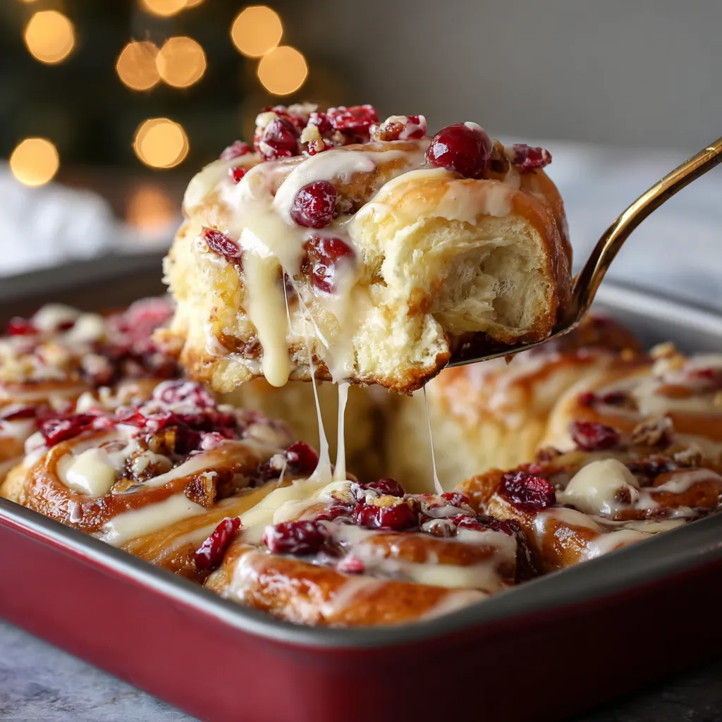 A cinnamon roll with cranberry and orange toppings.