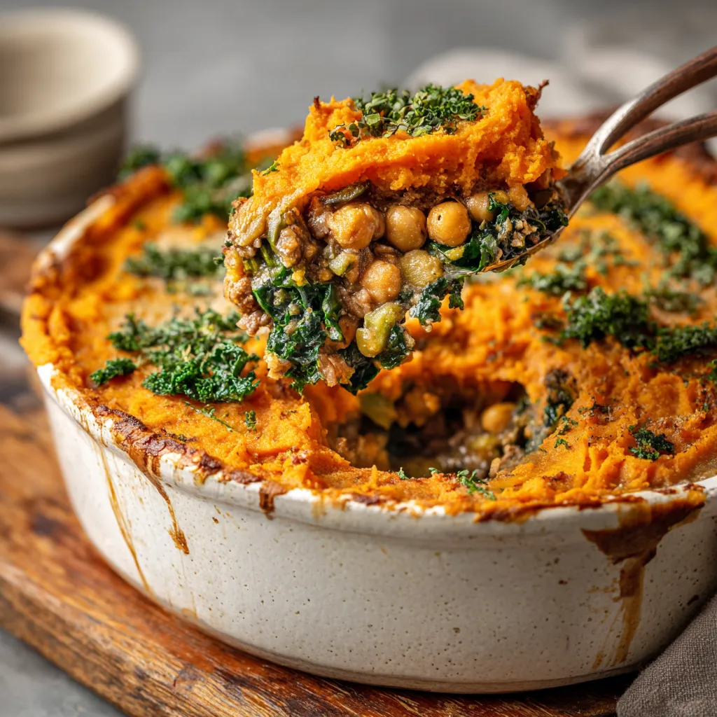 A rustic sweet potato and kale shepherd's pie.