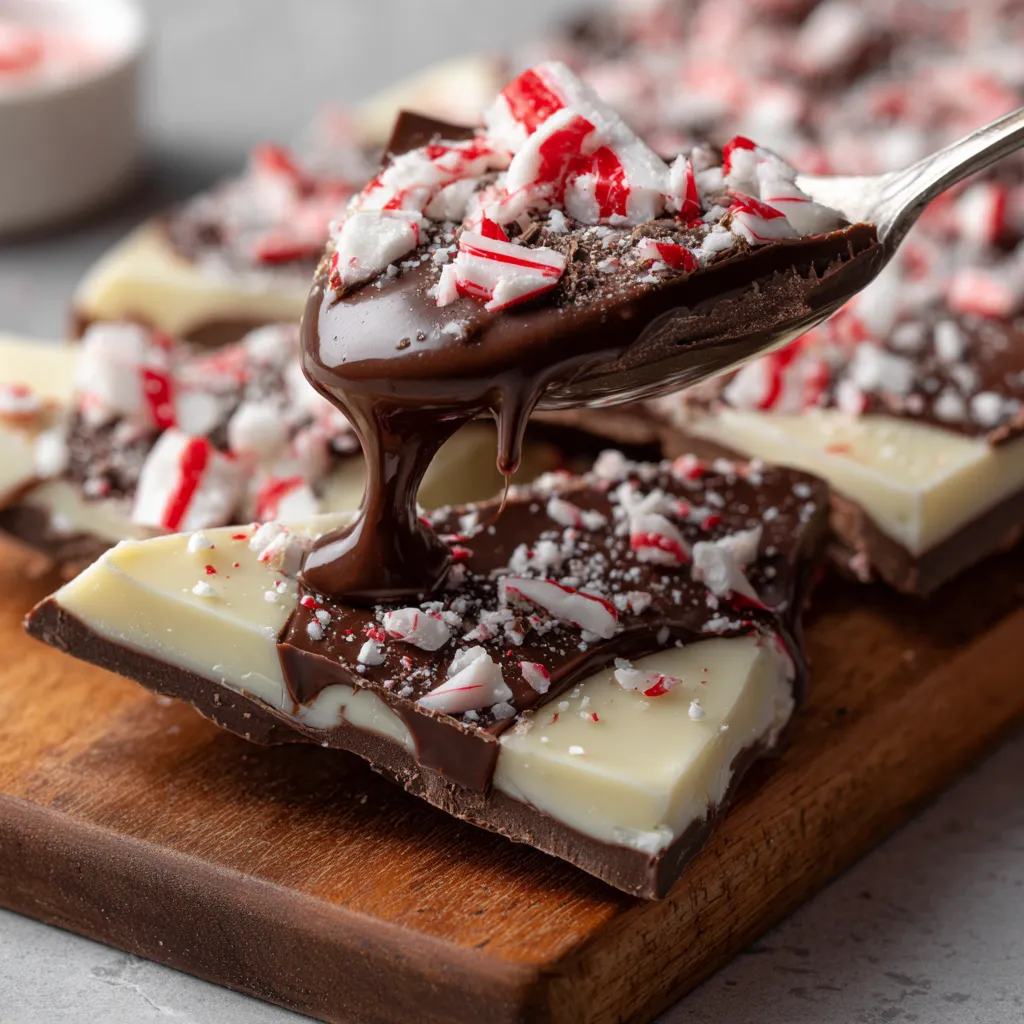 A spoonful of chocolate on a piece of white chocolate.