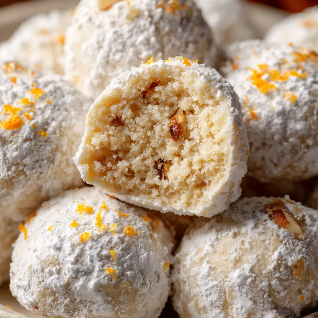 A plate of Russian tea cake snowball cookies with citrus zest.