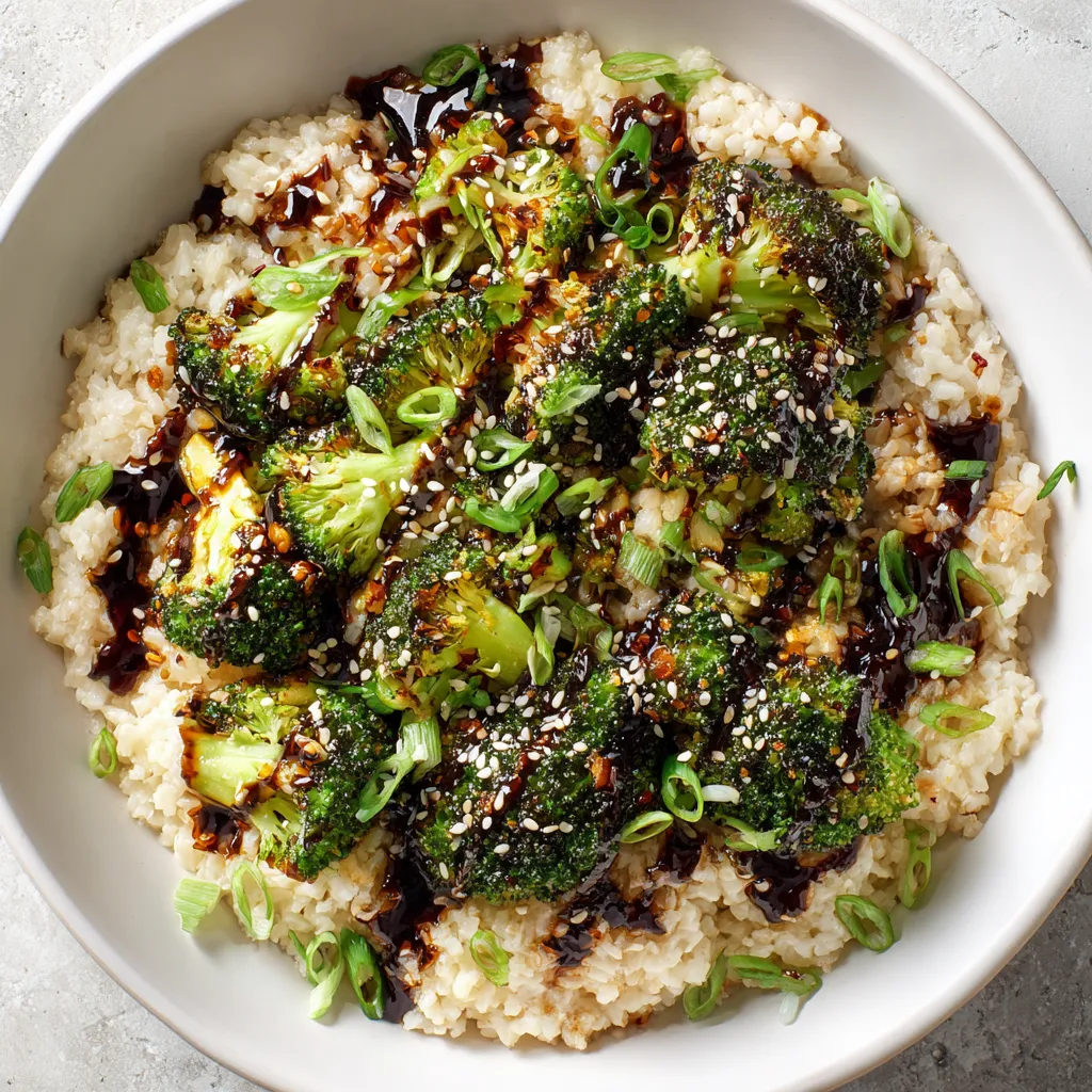A bowl of rice with broccoli and sauce.