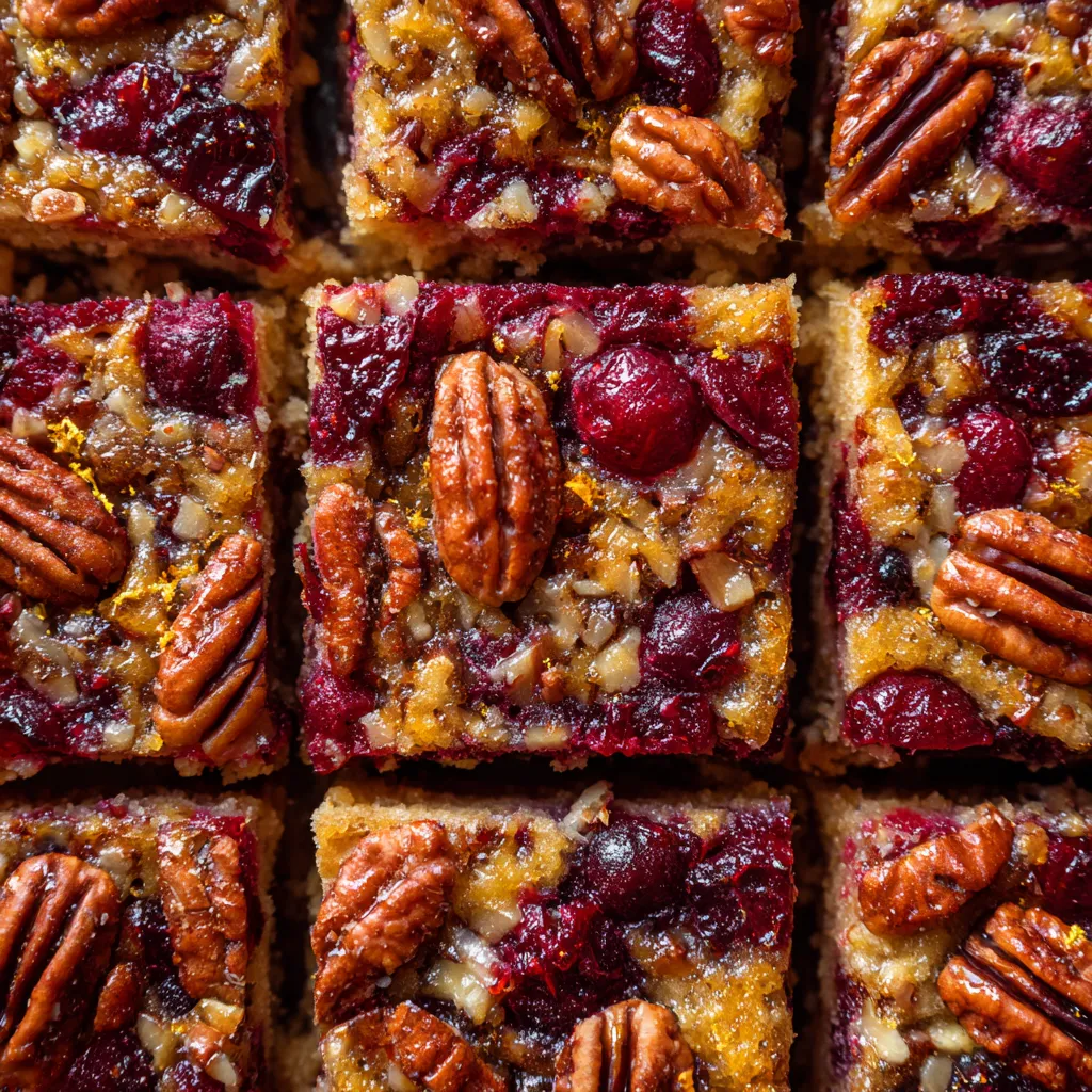 A square of cake with nuts and fruit on top.