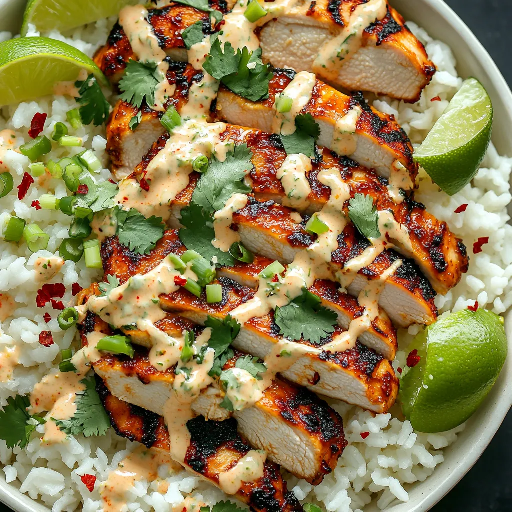 A bowl of Sweet Chili Chicken with Coconut Lime Drizzle.