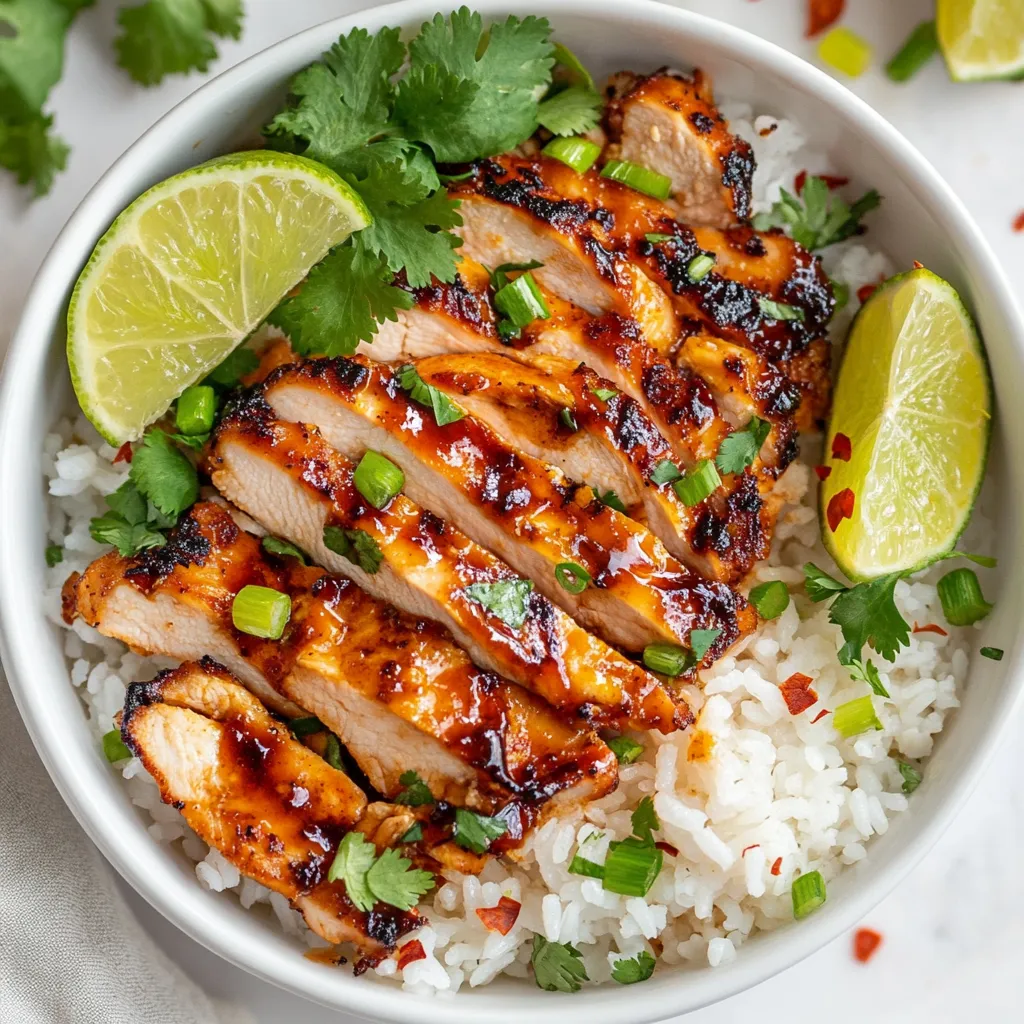 A bowl of rice with chicken and lime.