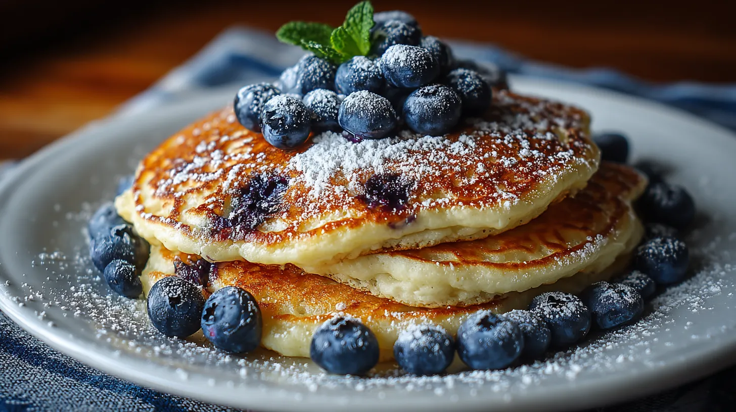 A stack of pancakes with blueberries on top.