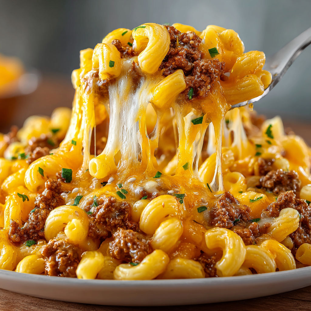 A plate of macaroni and cheese with ground beef.