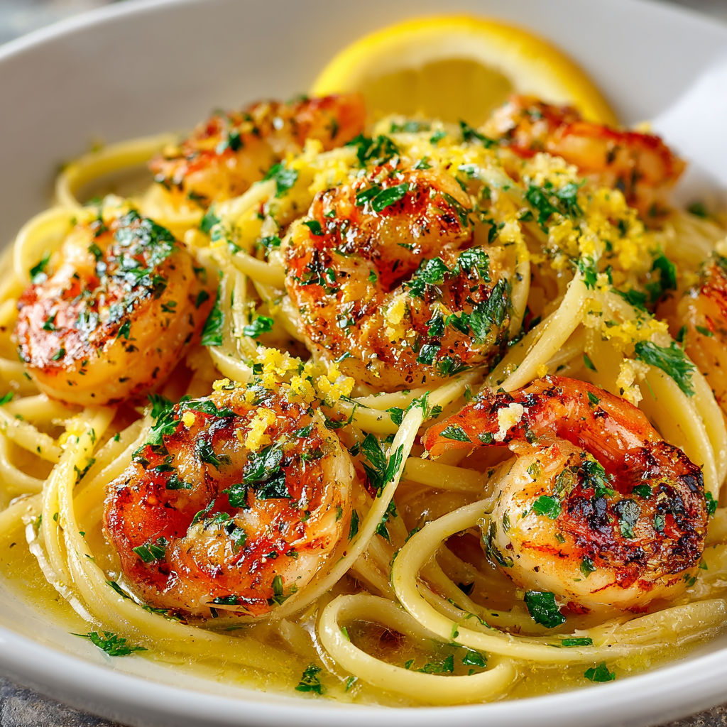 A plate of shrimp linguine with garlic and lemon.