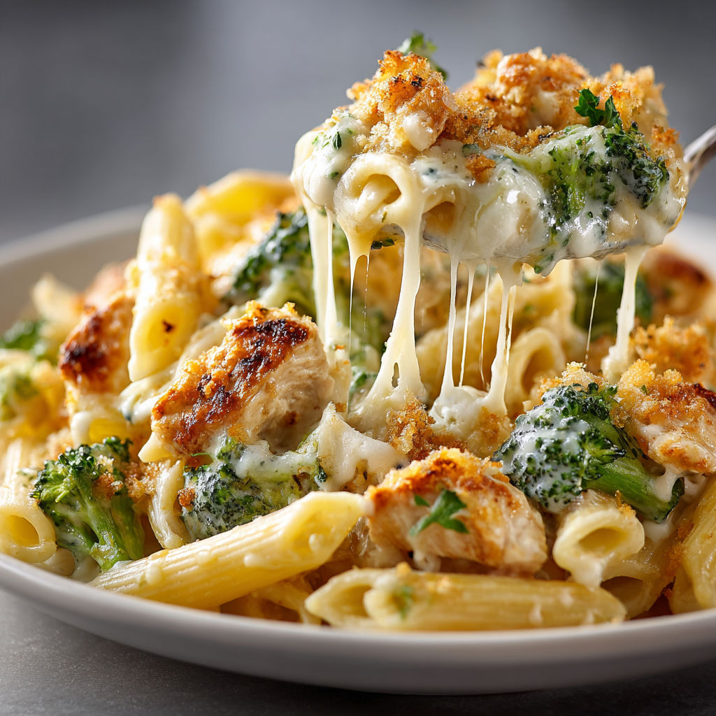 A plate of pasta with chicken and broccoli.