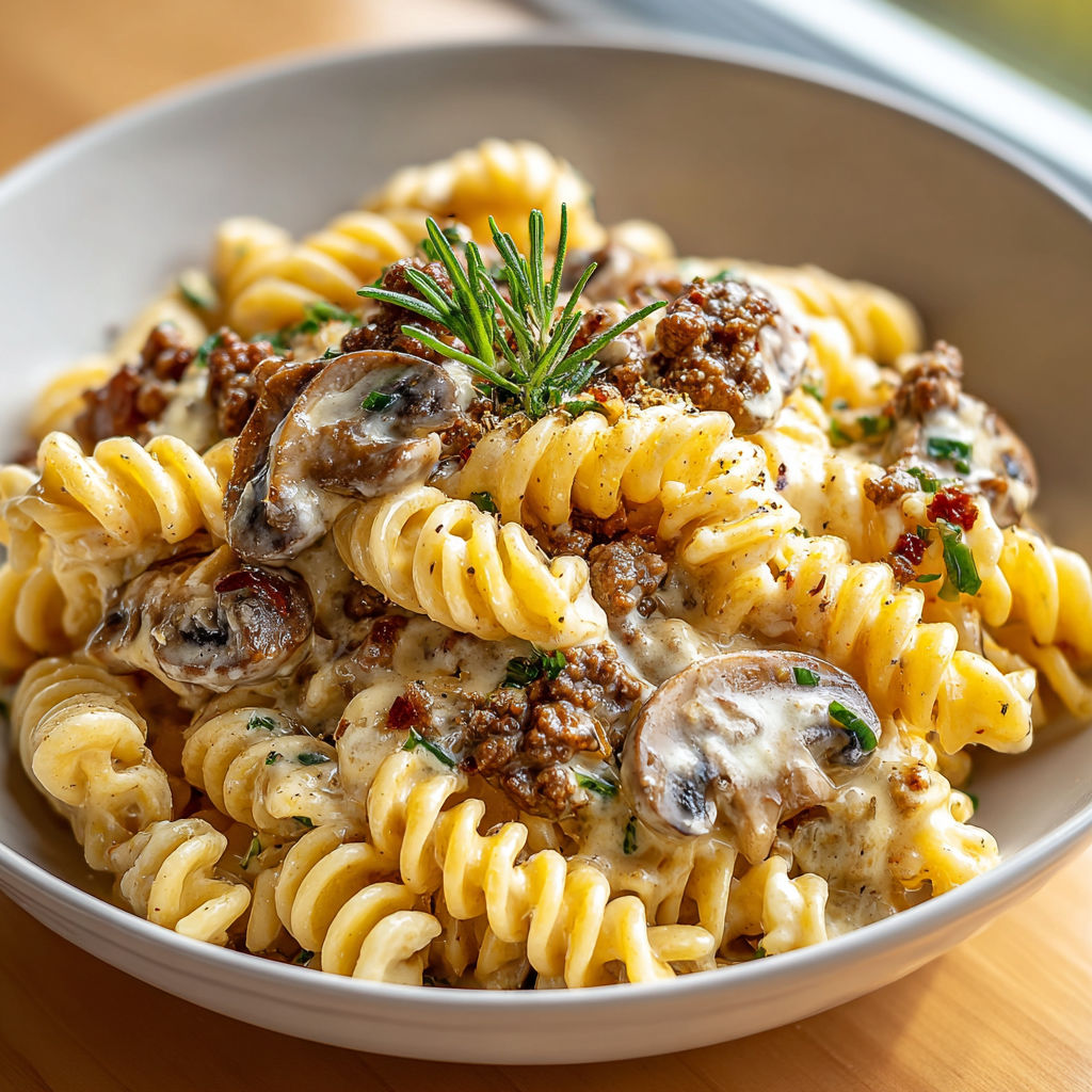 A bowl of pasta with mushrooms and beef.