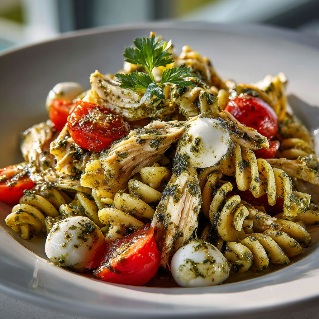 A plate of pasta with chicken and pesto.