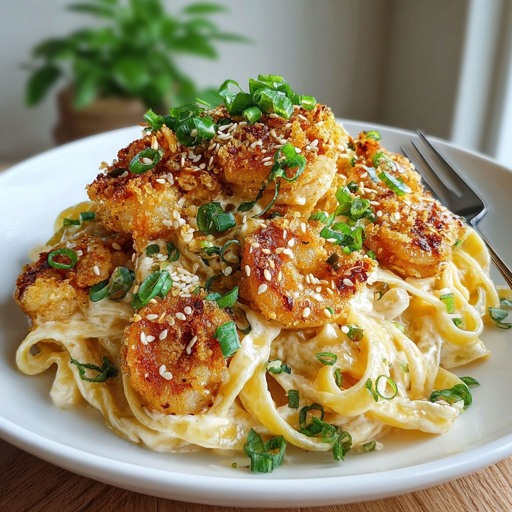 A plate of homemade bang bang shrimp pasta.
