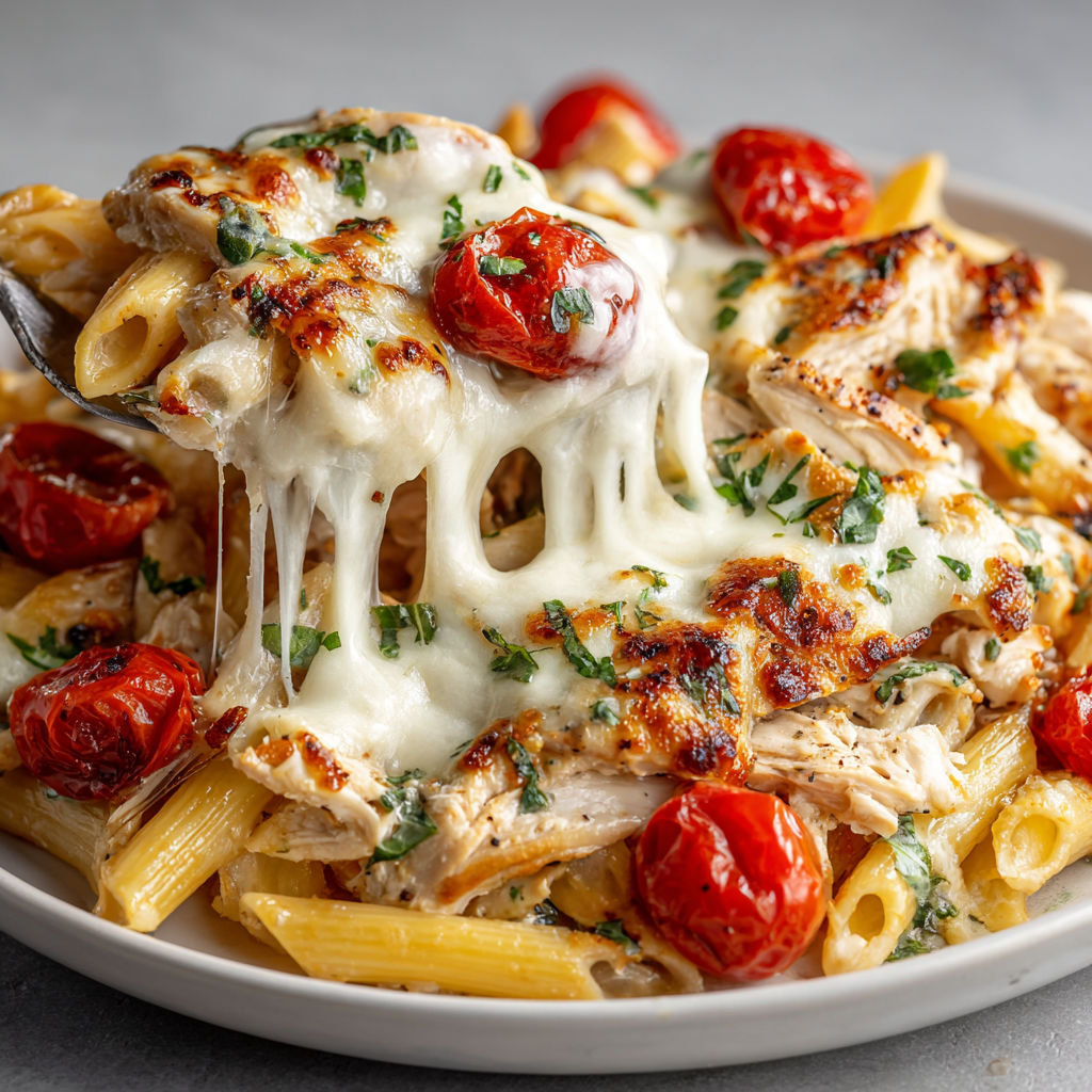 A plate of food with chicken, tomatoes, and cheese.