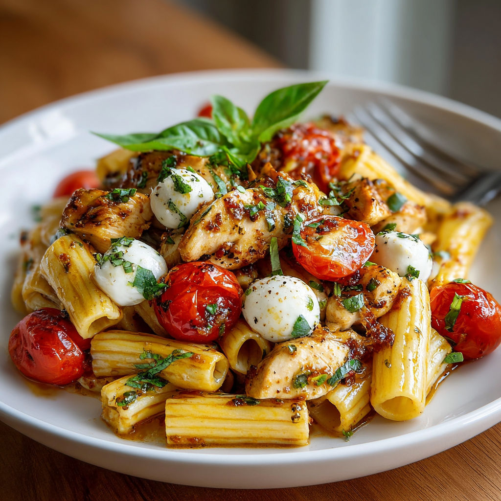 A plate of pasta with chicken and tomatoes.