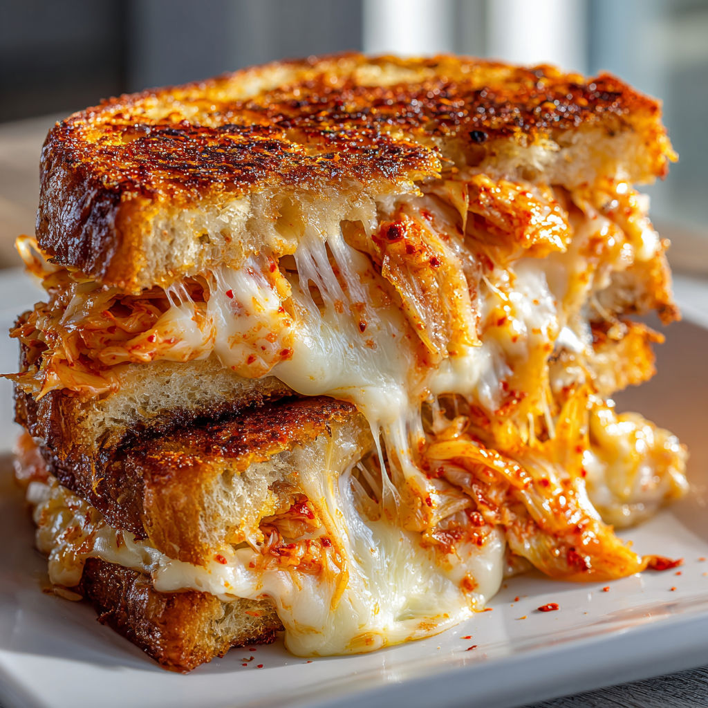 A grilled cheese sandwich with spicy kimchi on a plate.
