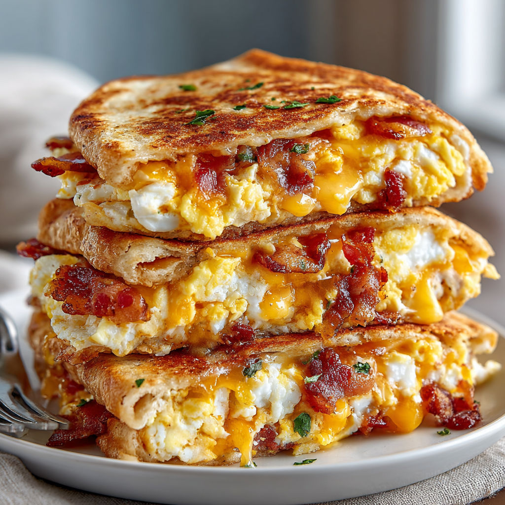 A stack of grilled cheese sandwiches with bacon.