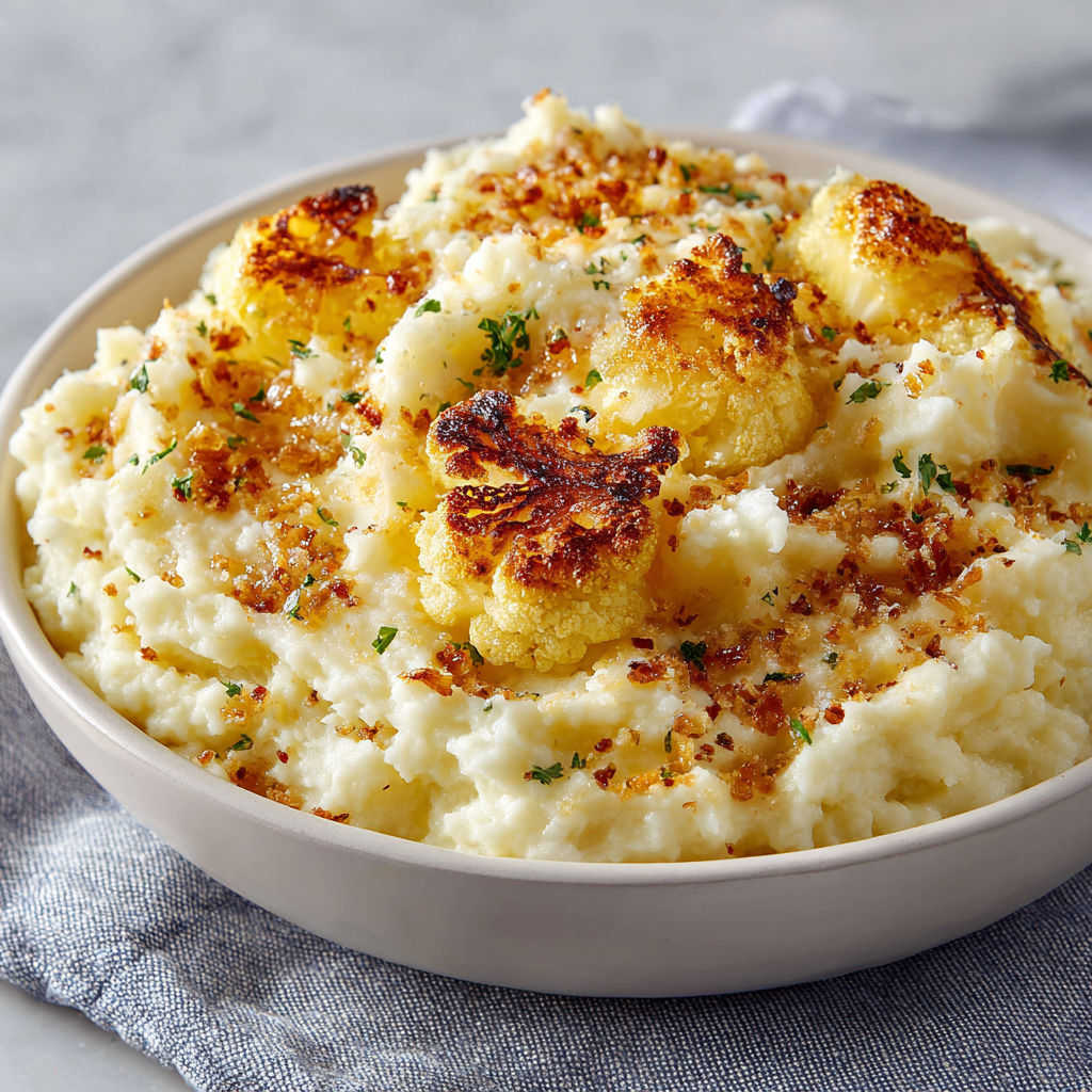 A bowl of mashed cauliflower with garlic and parmesan.