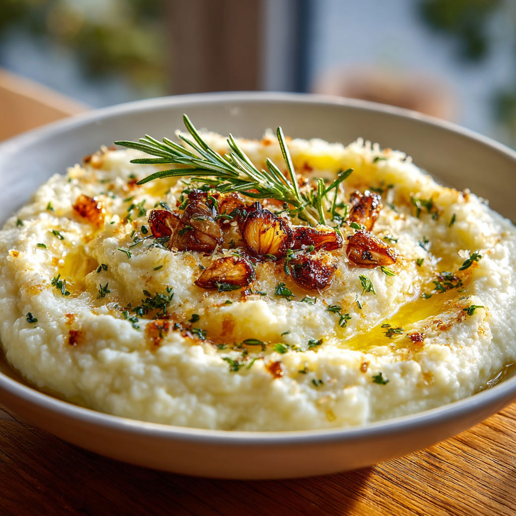 A bowl of food with a sprig of rosemary on top.