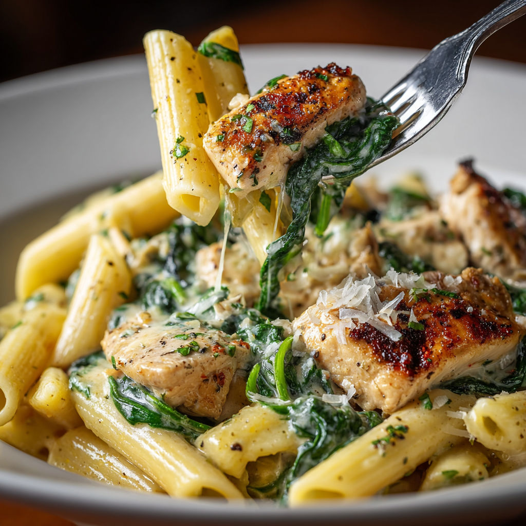 A plate of pasta with chicken and greens.