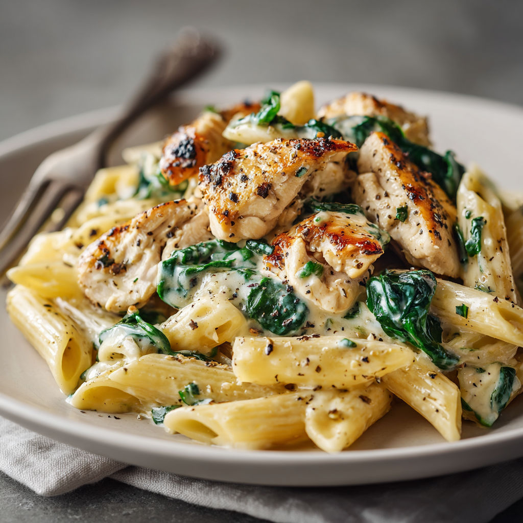 A plate of pasta with chicken and spinach.