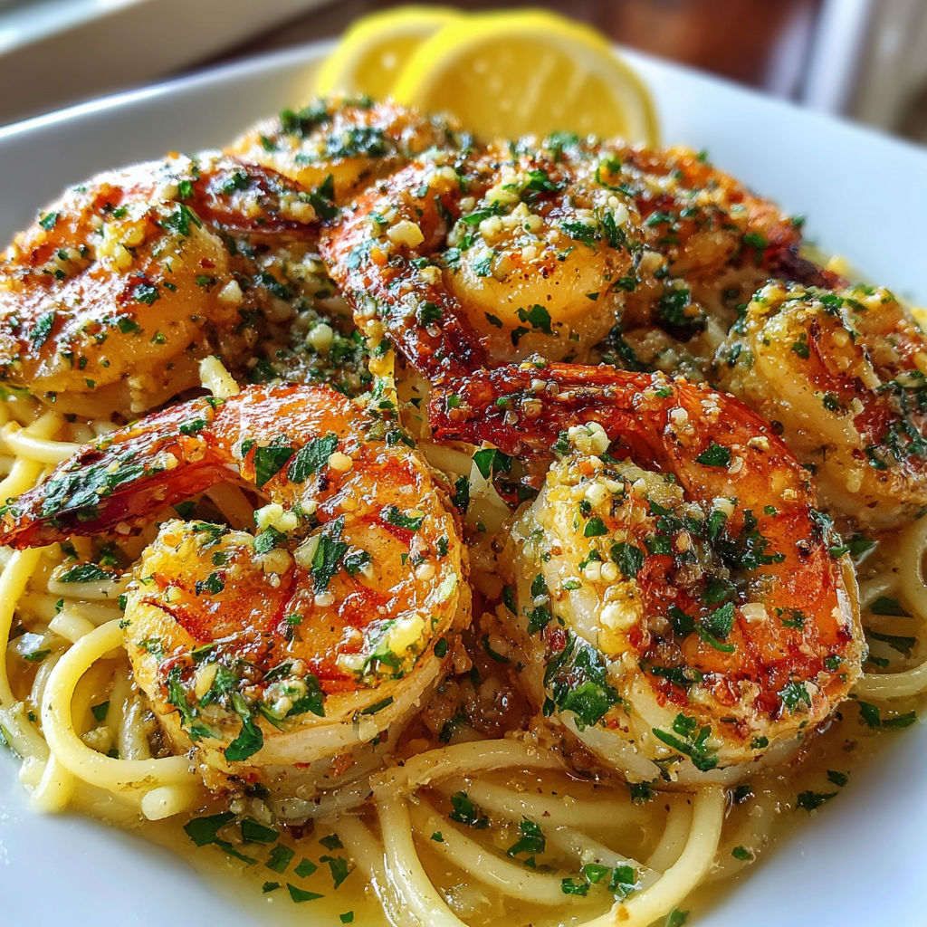 A plate of garlic butter shrimp scampi.
