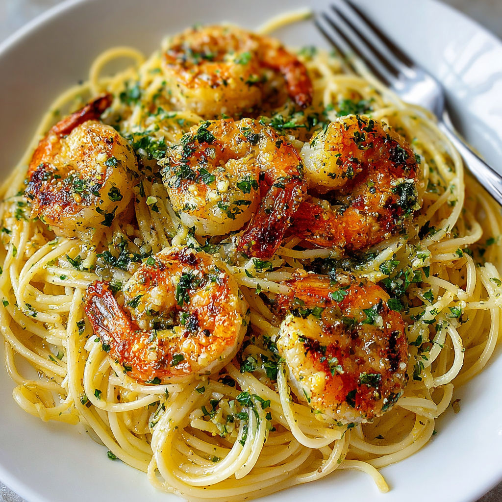 A plate of shrimp and noodles.