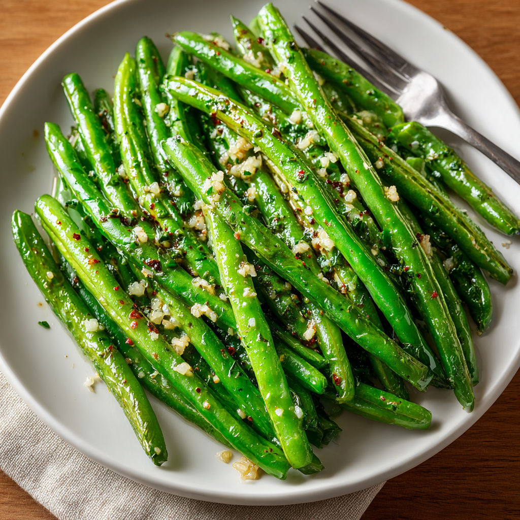 A plate of green beans with cheese and spices.