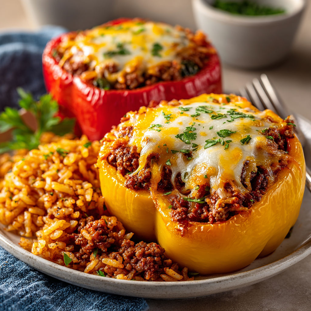 Two stuffed bell peppers with rice and cheese.