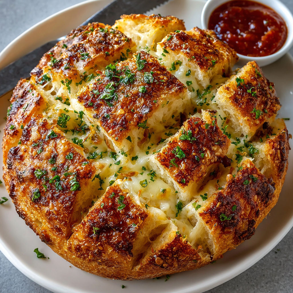 A plate of garlic bread with cheese.