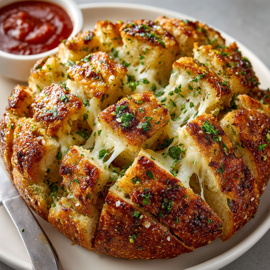A cheesy garlic pull-apart bread is on a plate.