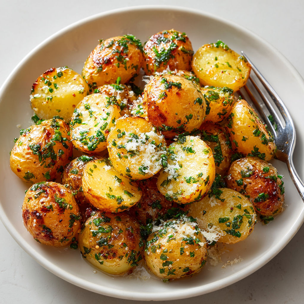 A bowl of garlic Parmesan roasted potatoes.