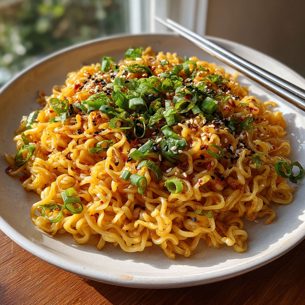 A plate of noodles with chili and garlic oil.