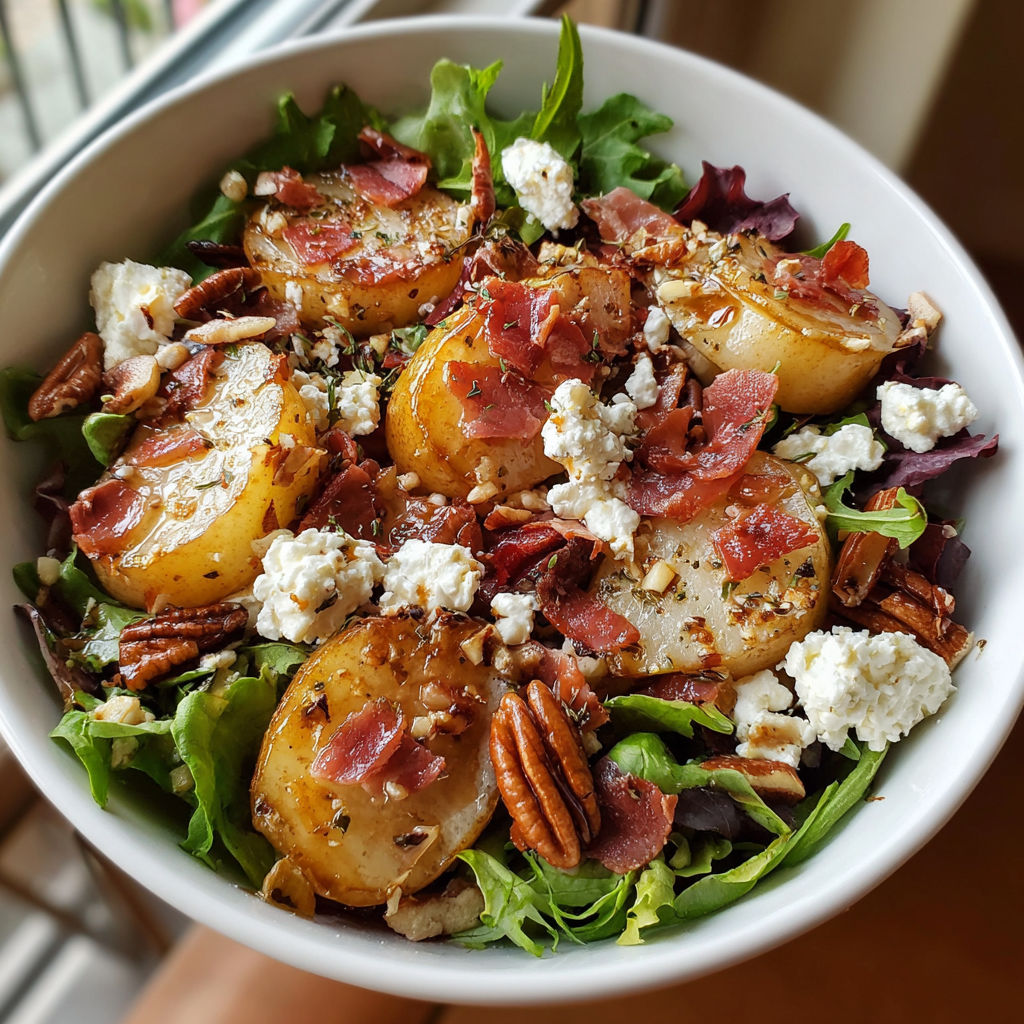 A bowl of salad with feta cheese, pear, and prosciutto.