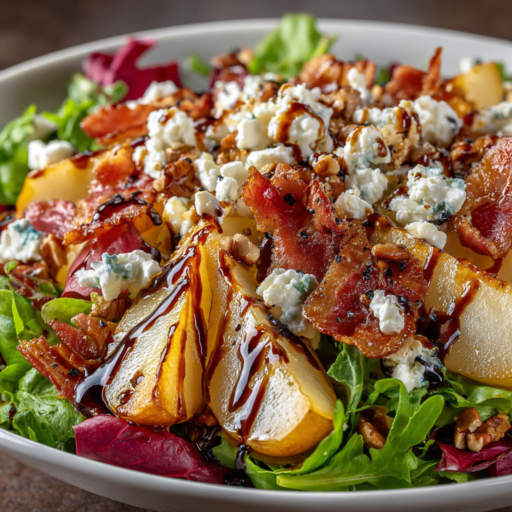 A bowl of salad with feta cheese, bacon, and pear.