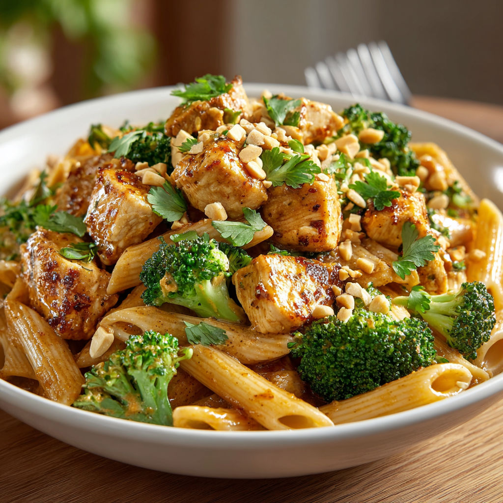 A bowl of pasta with meat and broccoli.