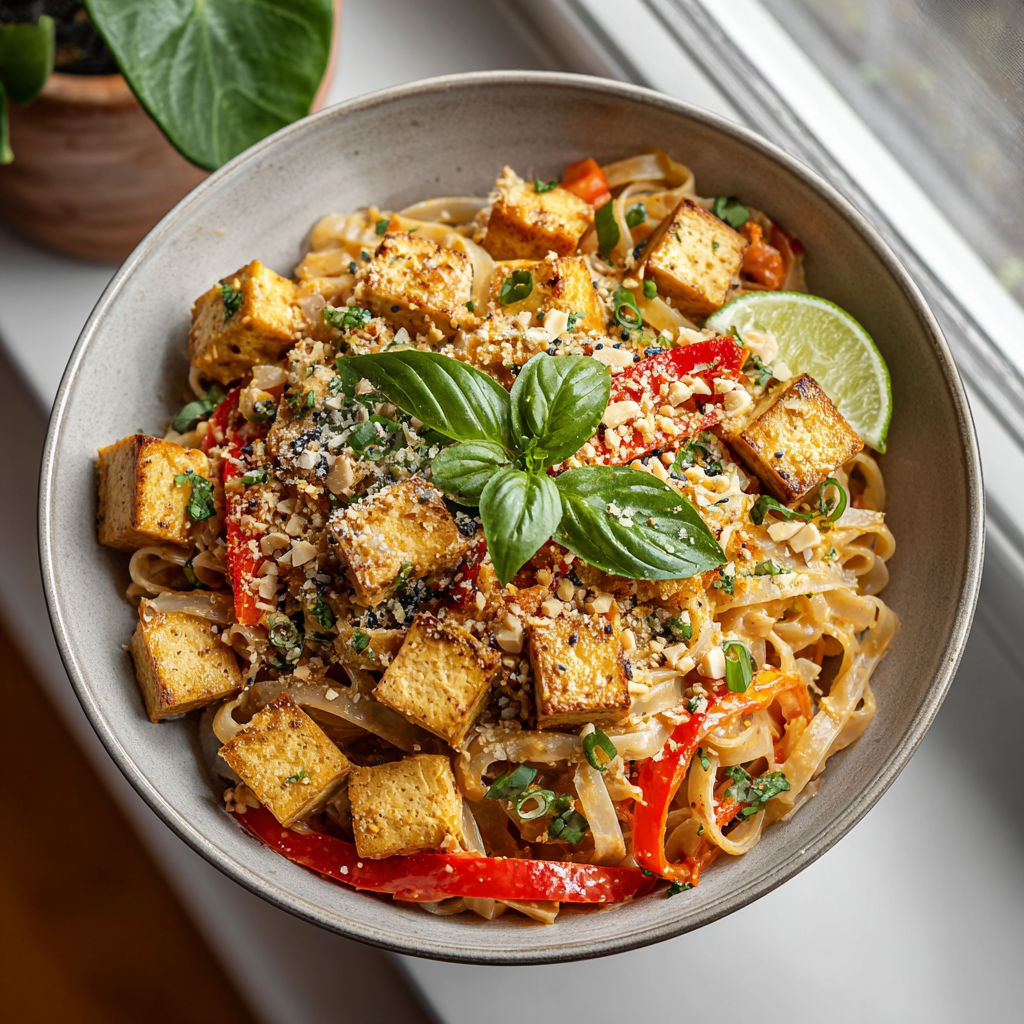 A bowl of pasta with vegetables and tofu.