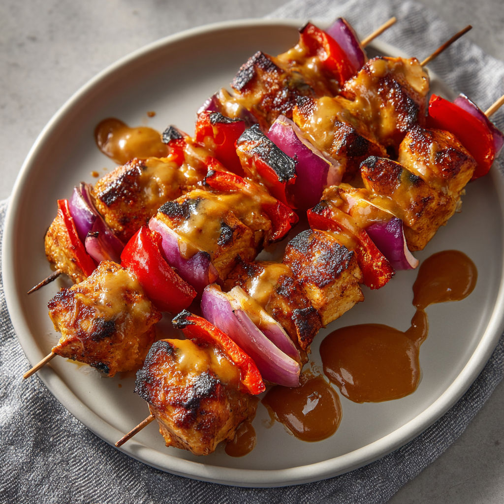 A plate of Thai Peanut Chicken Skewers (Air Fryer) with sauce drizzled over them.