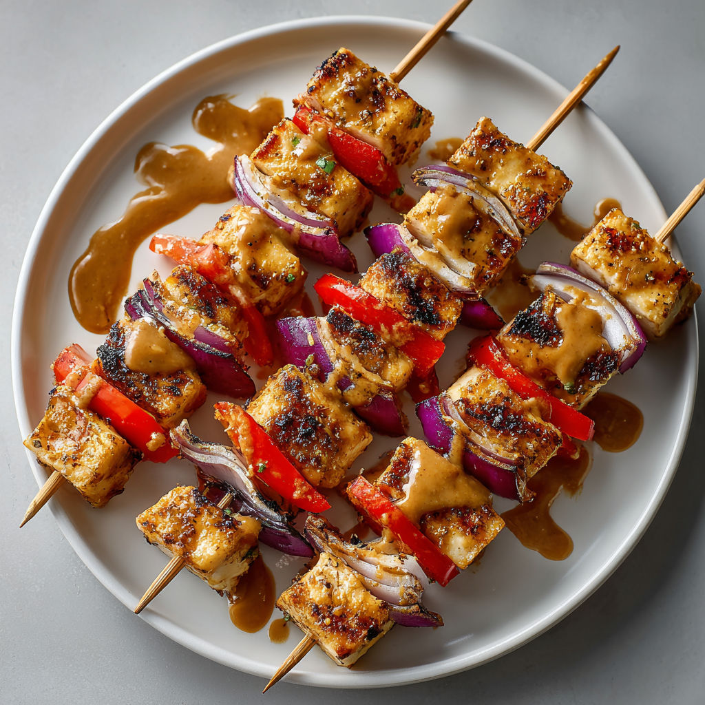 A plate of Thai Peanut Chicken Skewers (Air Fryer) with sauce drizzled over them.