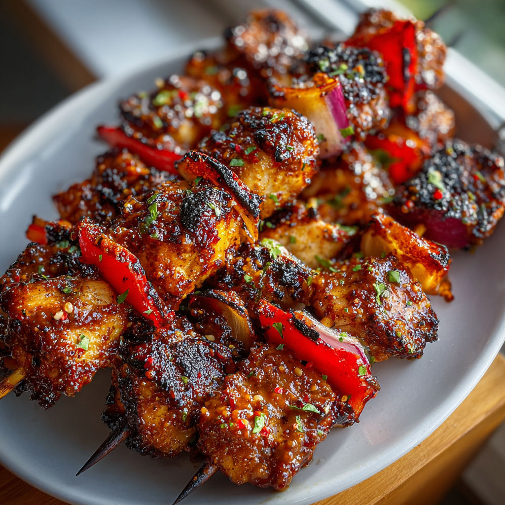 A plate of Thai Peanut Chicken Skewers (Air Fryer) with peppers and onions.